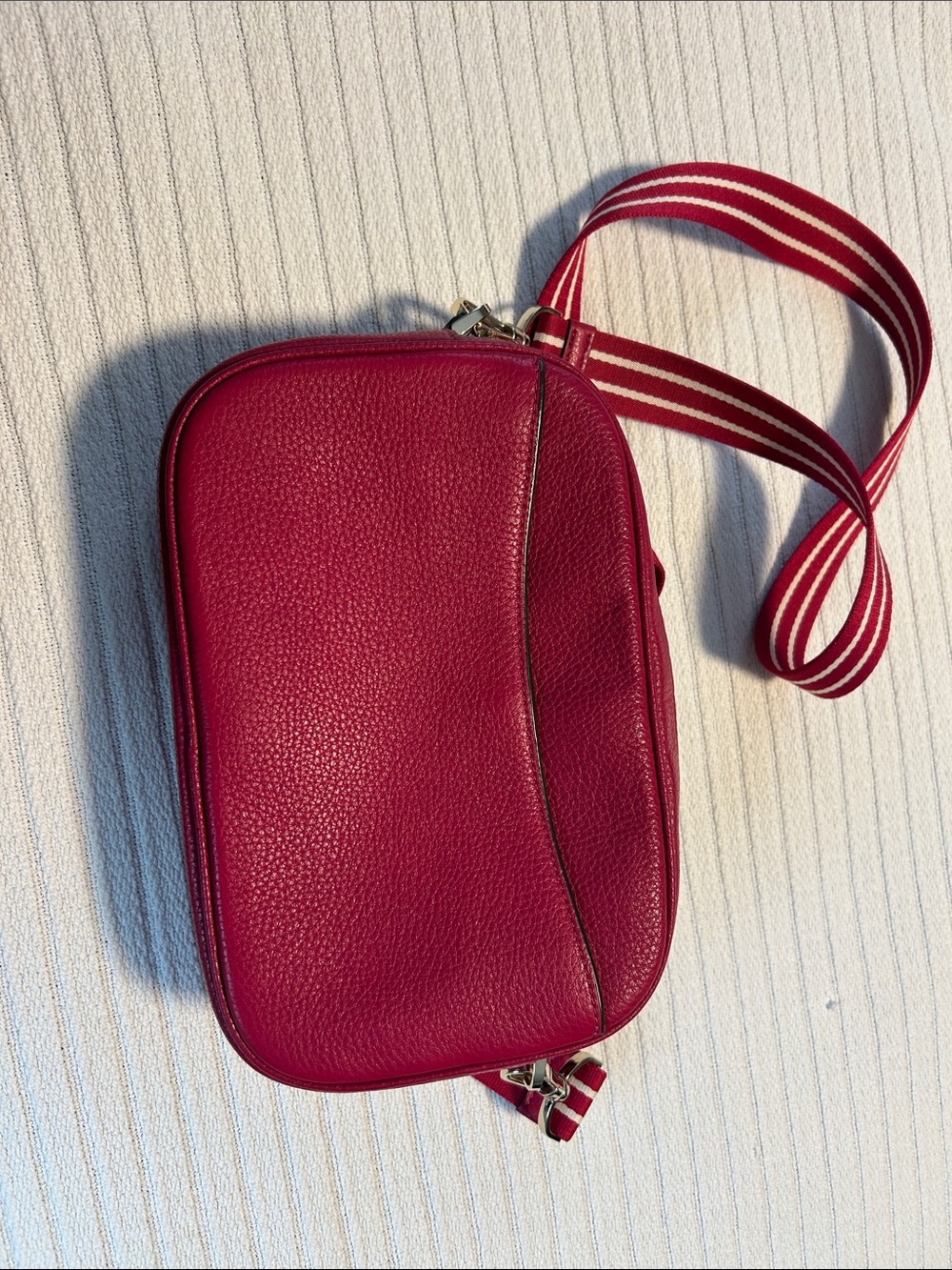 kate spade Raspberry Pebbled Leather Crossbody with Striped Strap - Picture 6 of 13